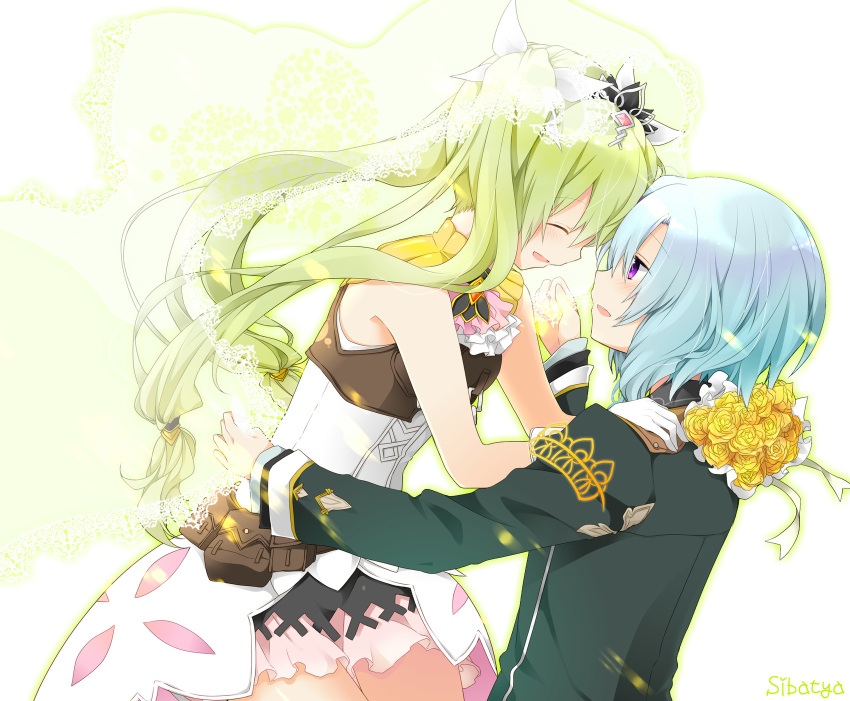bishnal_(rune_factory), blue_hair, closed_eyes, couple, frey_(rune_factory), gloves, green_hair, hair_ornament