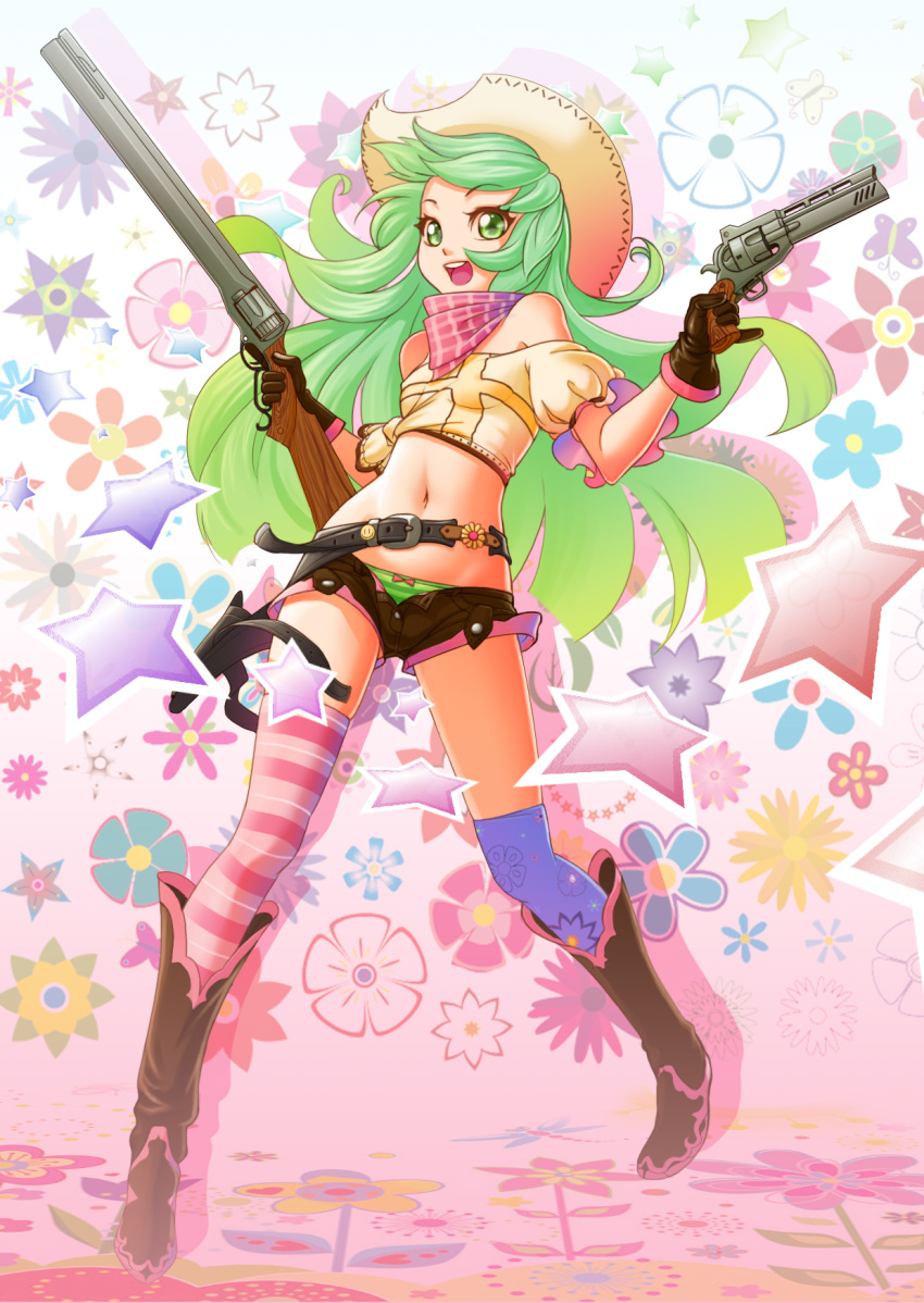 1girl, bandana, belt, boots, cowboy_hat, flower, green_eyes, green_hair