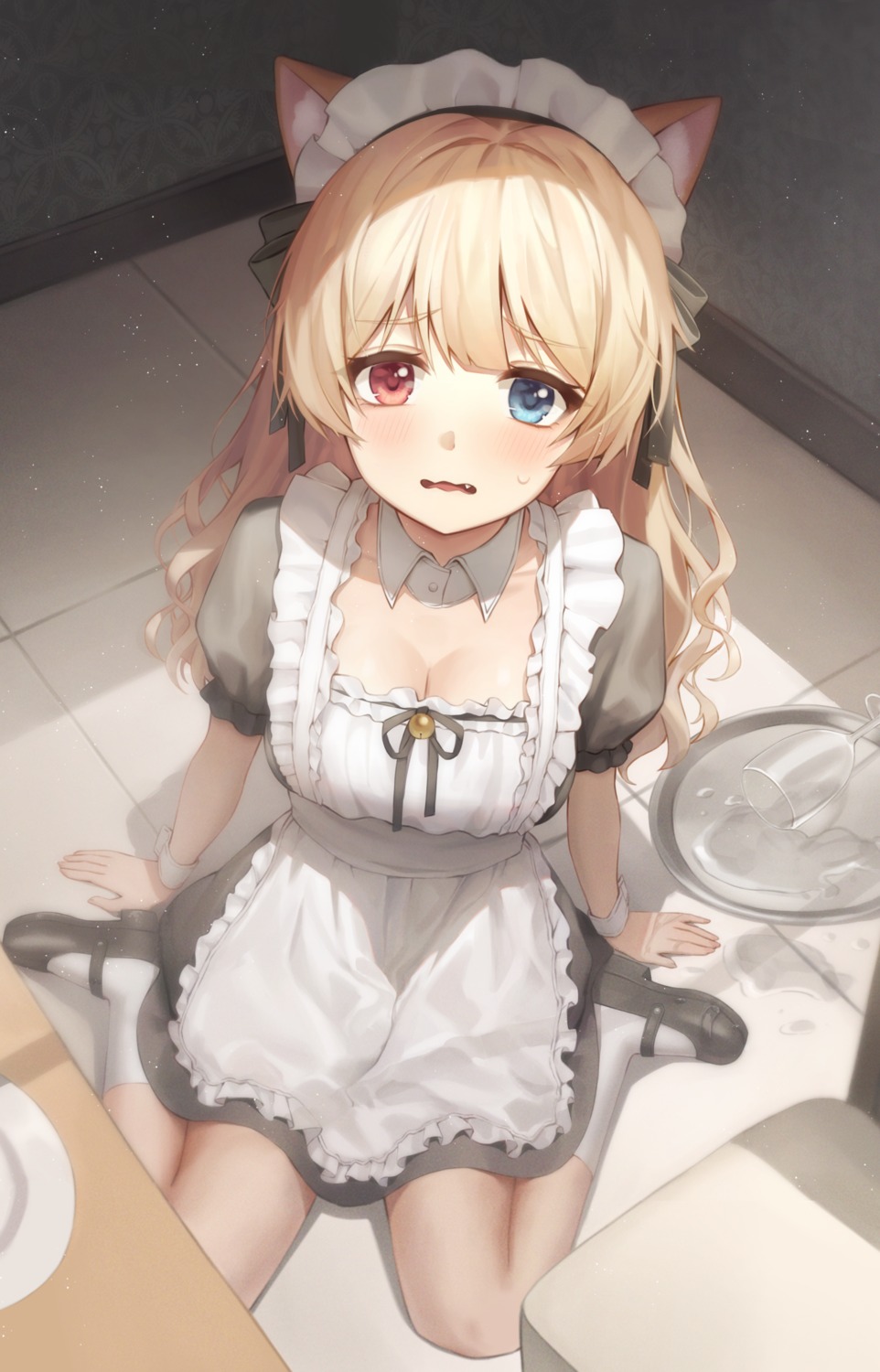 animal_ears, cleavage, heterochromia, maid, nekomimi, pul_(gks569)