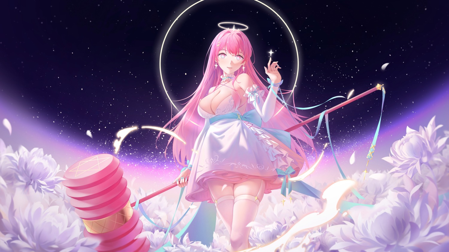 dress, halo, no_bra, stockings, thighhighs, wallpaper, weapon, yinghuahua