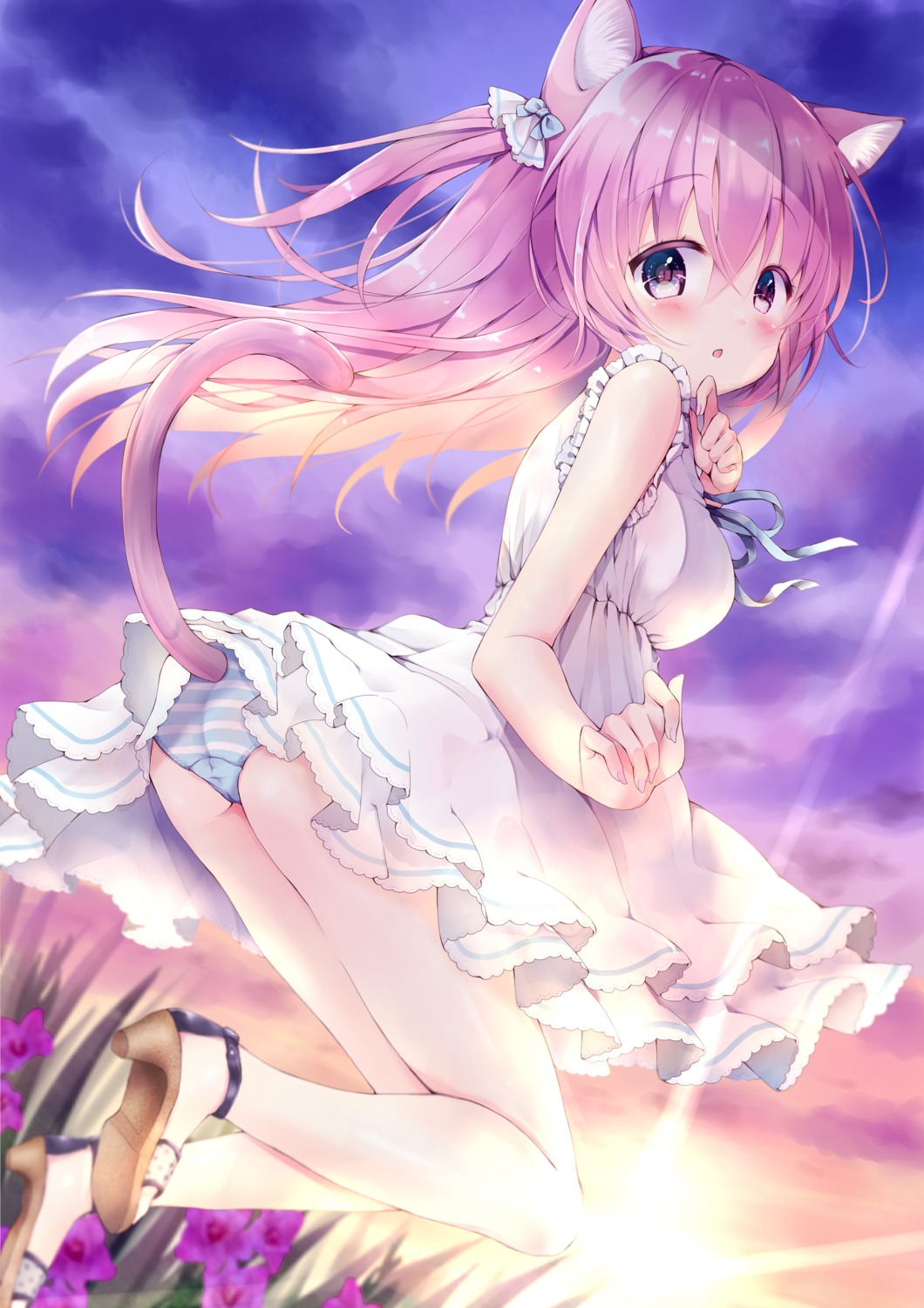animal_ears, ass, cameltoe, dress, heels, momochi_chia, nekomimi, pantsu, shimapan, skirt_lift, summer_dress, tail