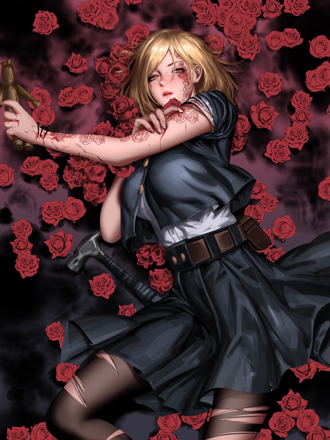 blood, jujutsu_kaisen, kugisaki_nobara, liang_xing, seifuku, tattoo, torn_clothes