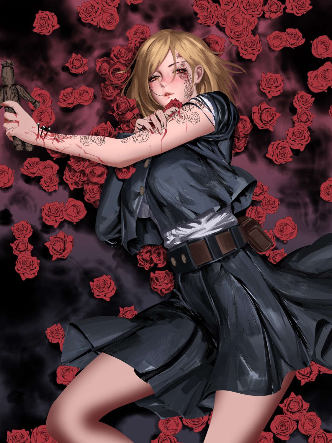 blood, jujutsu_kaisen, kugisaki_nobara, liang_xing, seifuku, tattoo, torn_clothes