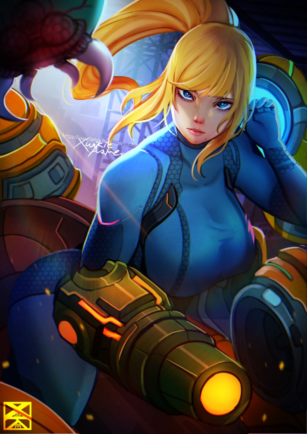 armor, bodysuit, metroid, metroid_(creature), samus_aran, weapon, xuuikie_ashe
