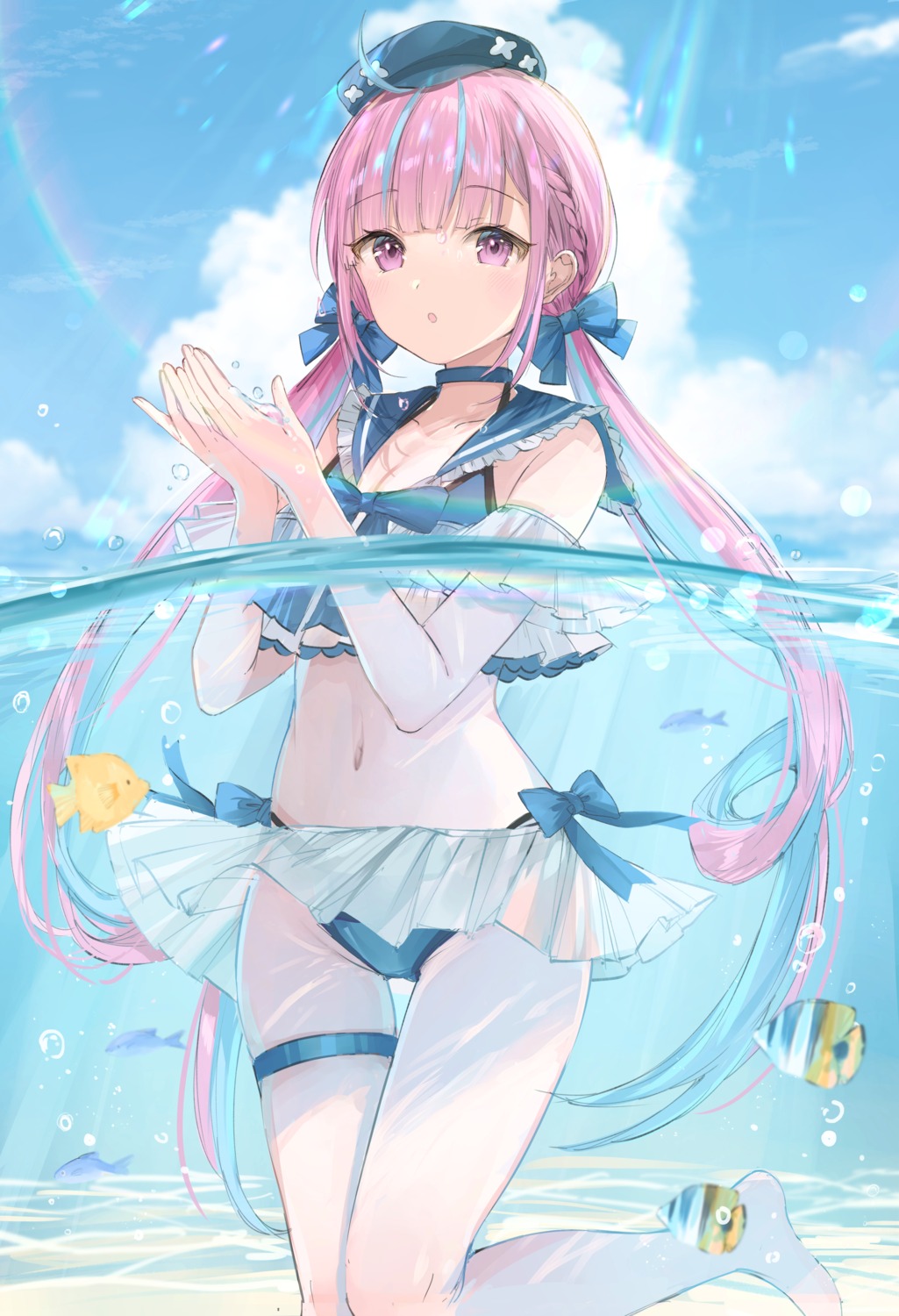 bikini, garter, hololive, minato_aqua, mochitsuki_usa, see_through, seifuku, skirt_lift, swimsuits, wet
