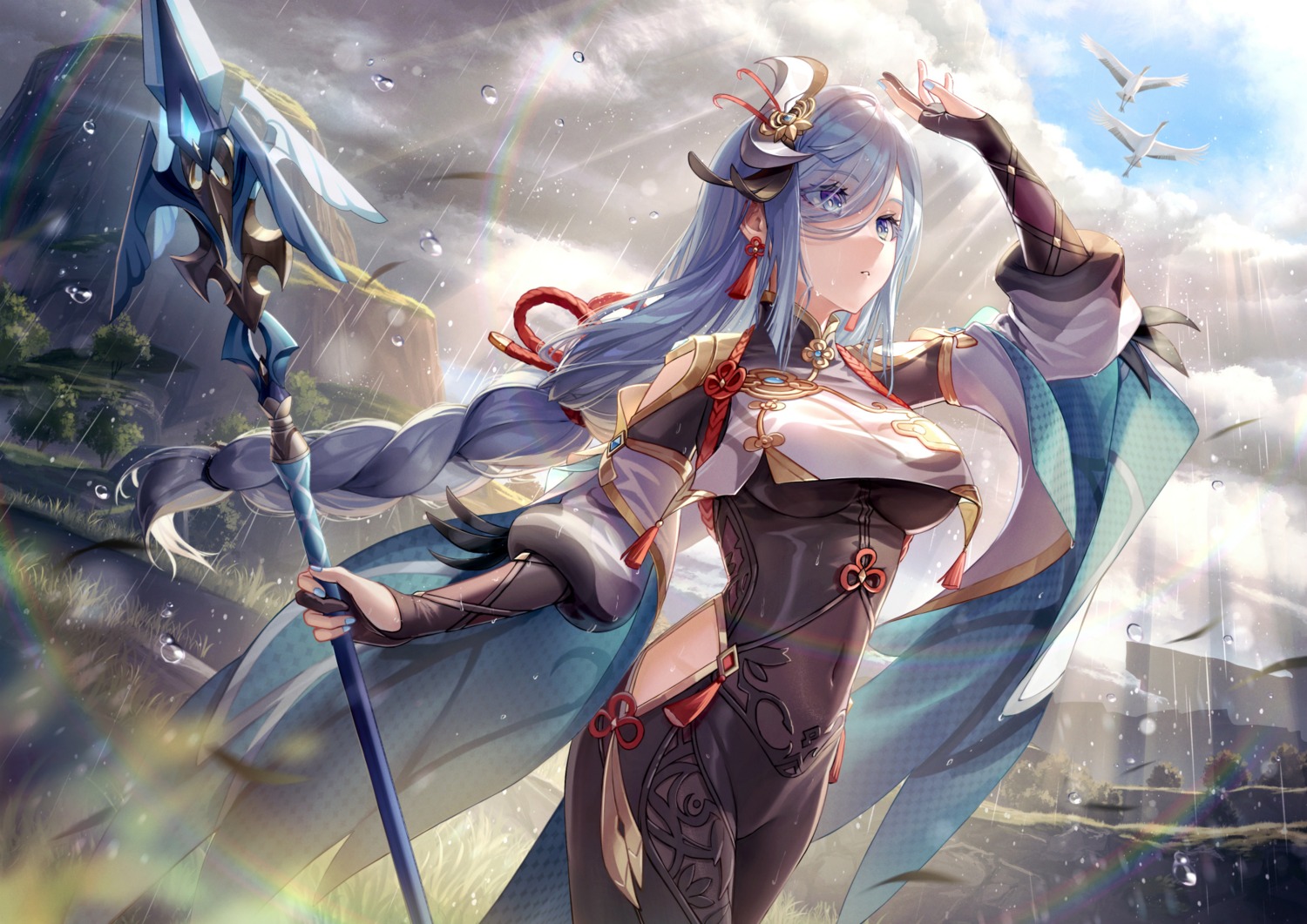 asian_clothes, bodysuit, genshin_impact, maica_sunahara, shenhe, weapon, wet