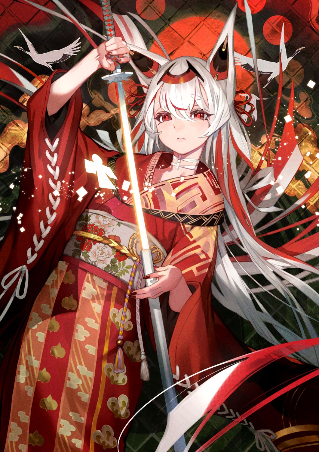 animal_ears, kimono, lack, sword