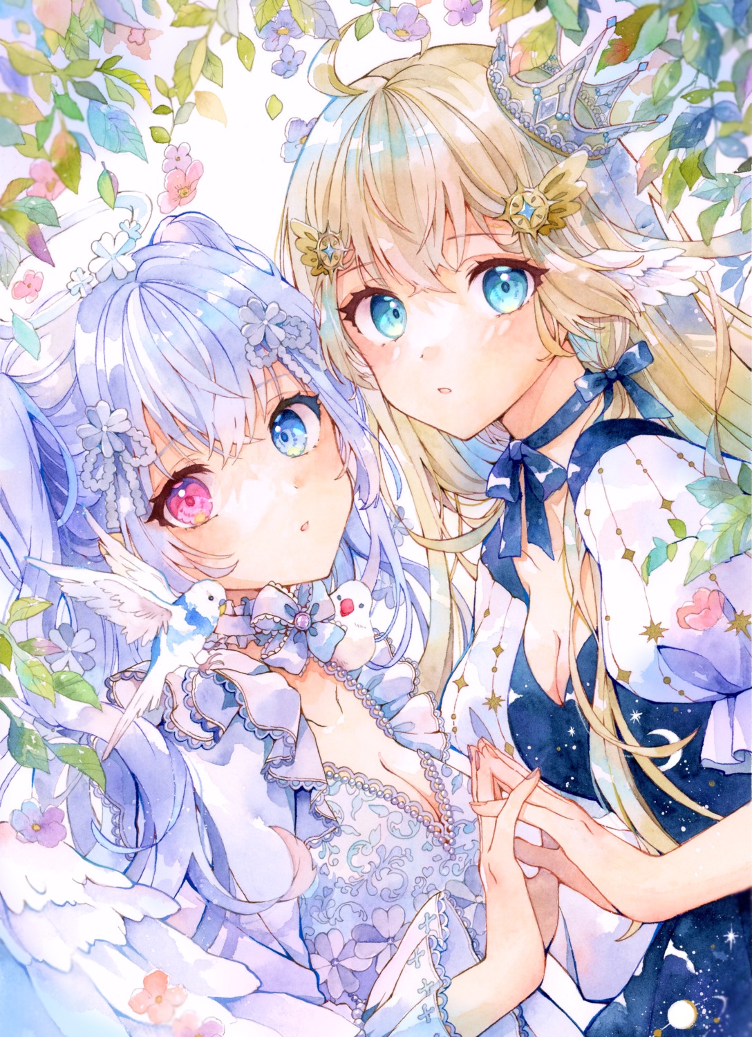 angel, cleavage, dress, heterochromia, no_bra, wings, yuyuharu