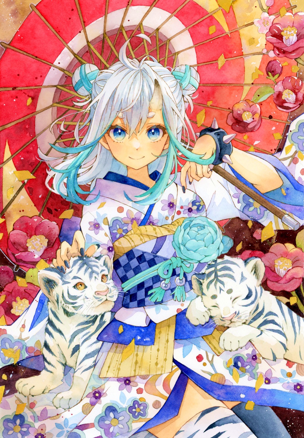 kimono, skirt_lift, thighhighs, umbrella, yuyuharu