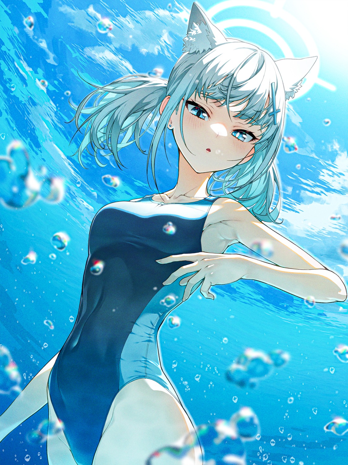 animal_ears, blue_archive, halo, kabu_(niniko2ko), nekomimi, sunaookami_shiroko, swimsuits, wet