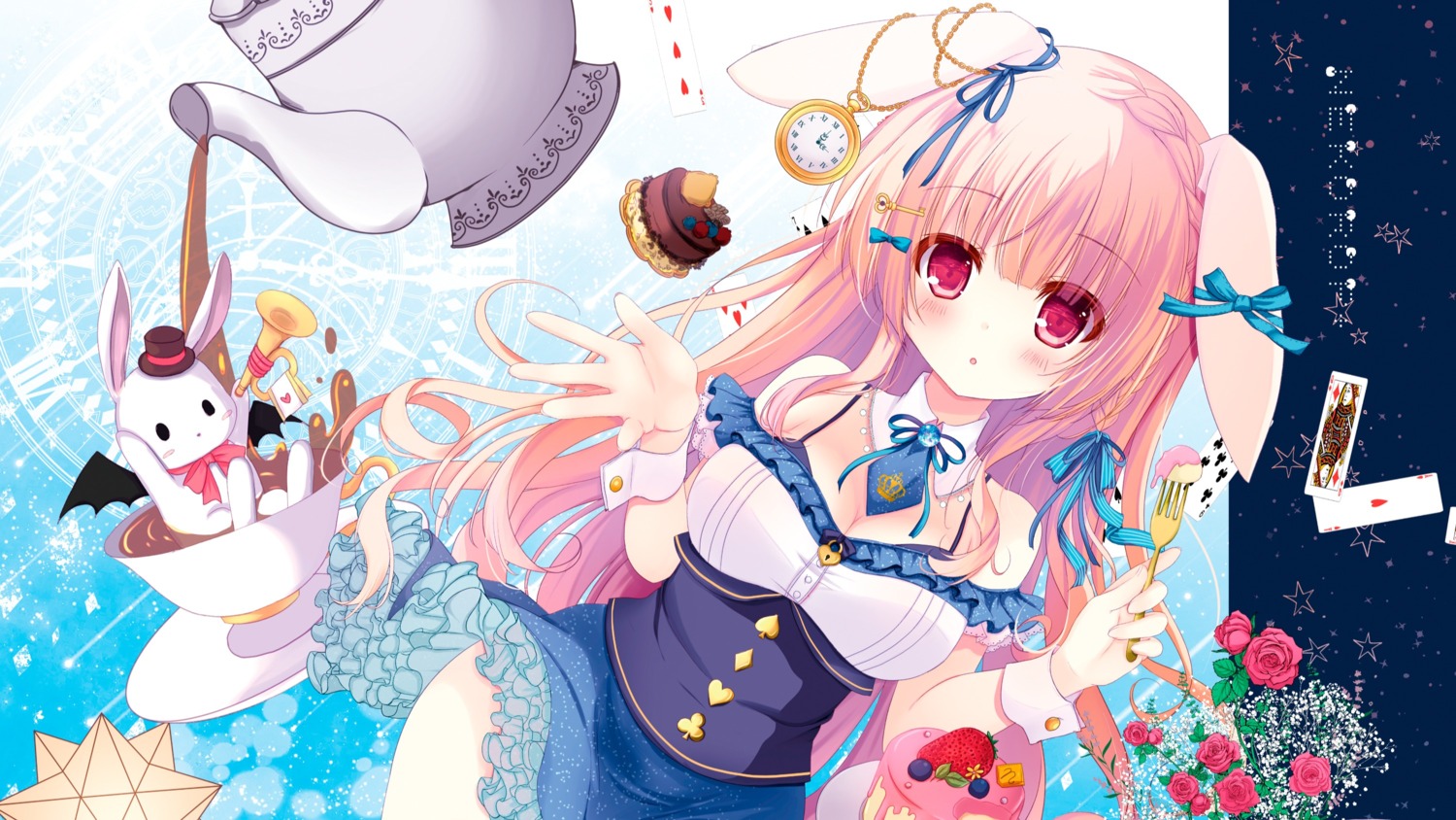 alice, alice_in_wonderland, animal_ears, bunny_ears, cleavage, dress, no_bra, skirt_lift