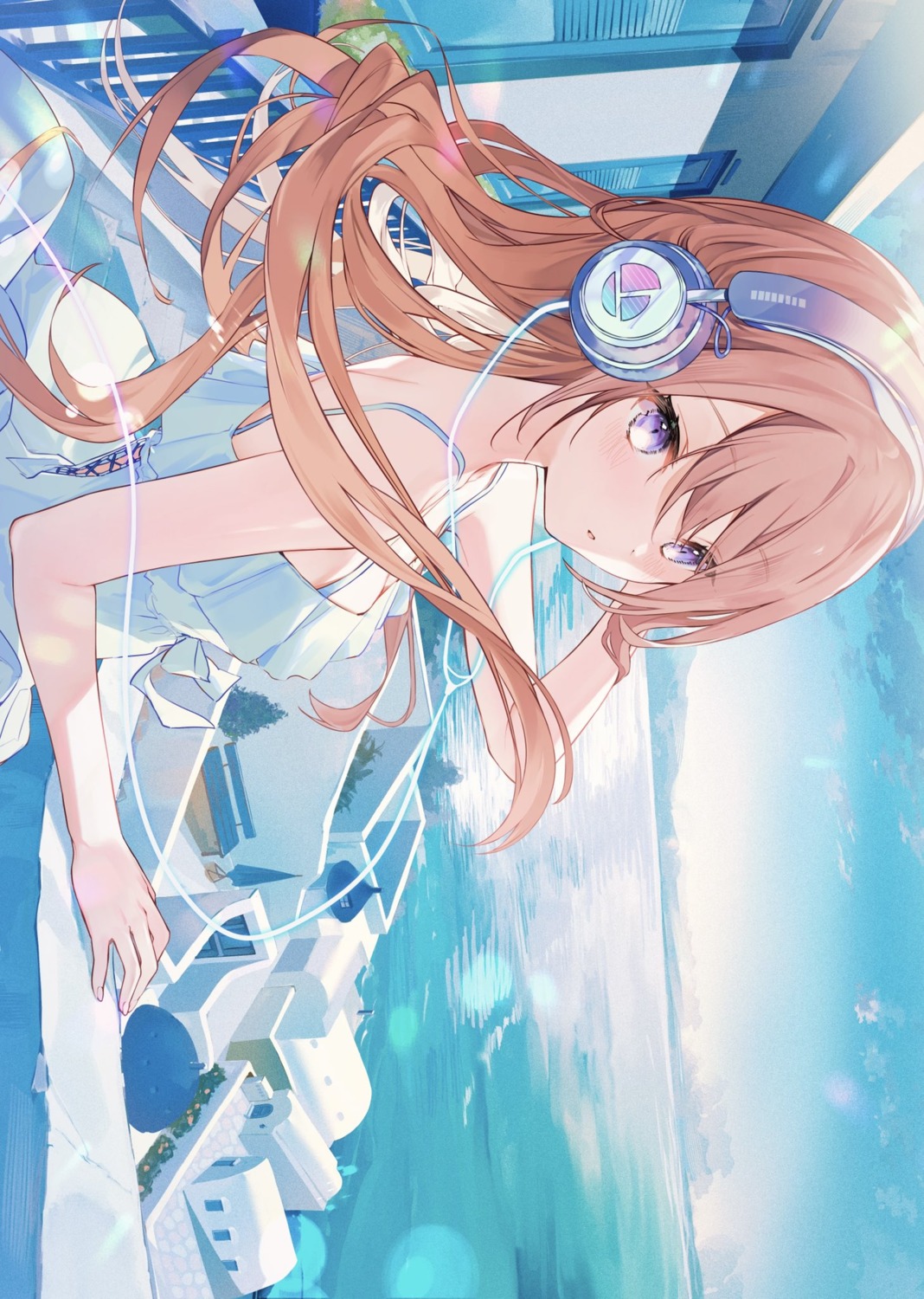cleavage, cona_kinaco, dress, headphones, no_bra, summer_dress