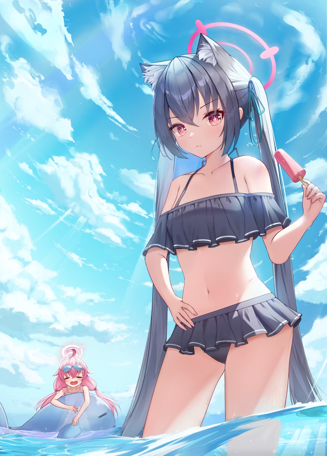 animal_ears, bikini, blue_archive, halo, kuromi_serika, megane, nekomimi, nomi_(gpjg7877), swimsuits, takanashi_hoshino, wet