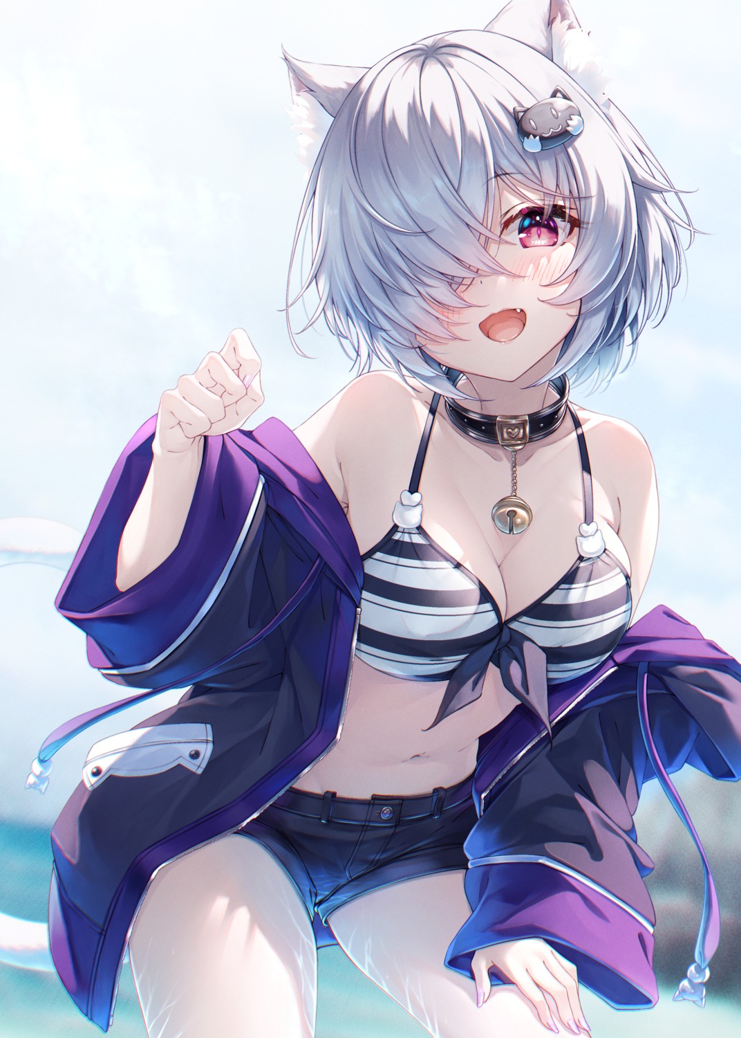 animal_ears, bikini_top, cleavage, hasumi_(hasubatake39), nekomimi, open_shirt, swimsuits