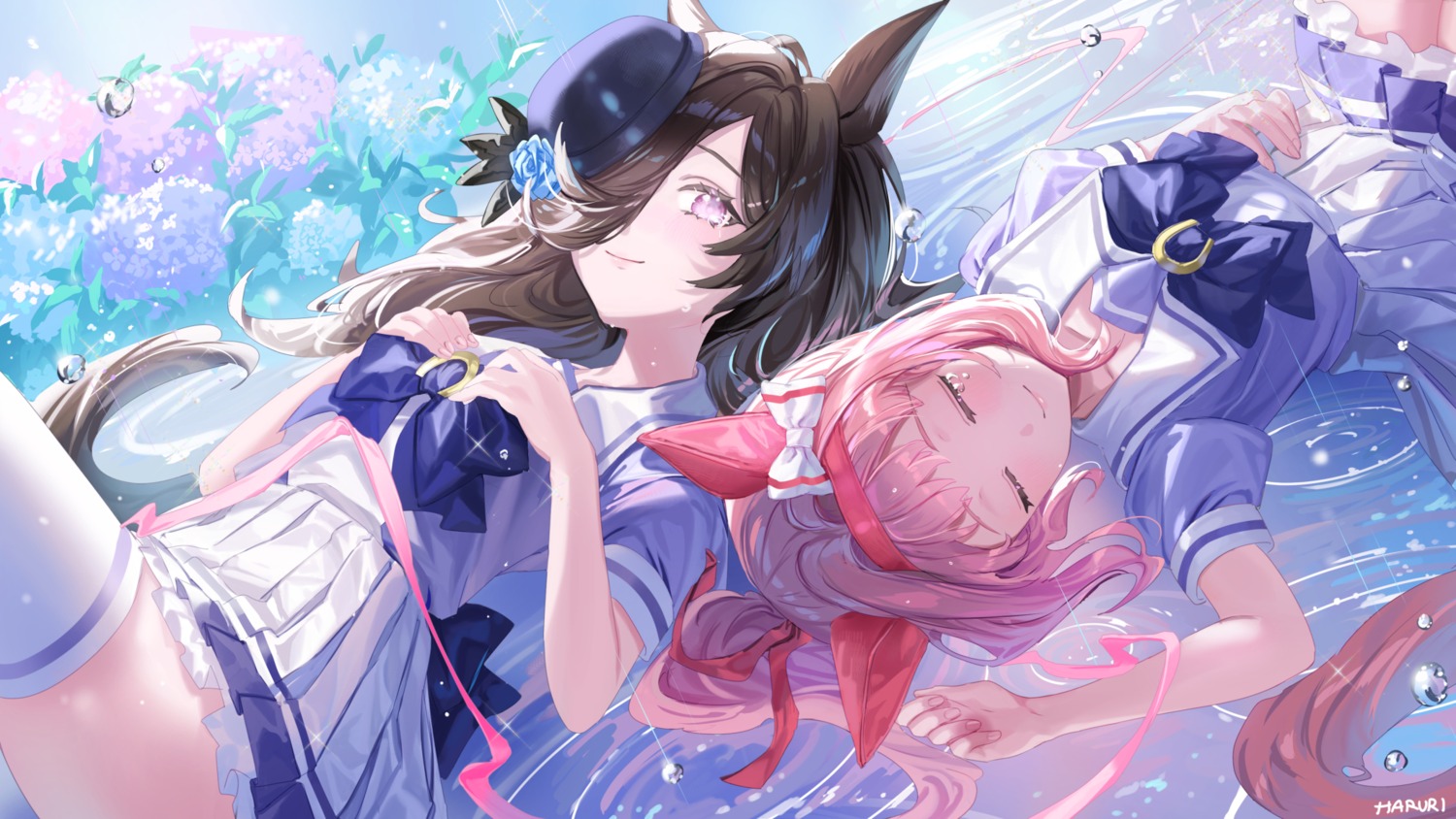 animal_ears, haru_urara_(umamusume), haruri, rice_shower_(umamusume), seifuku, tail, thighhighs, uma_musume_pretty_derby