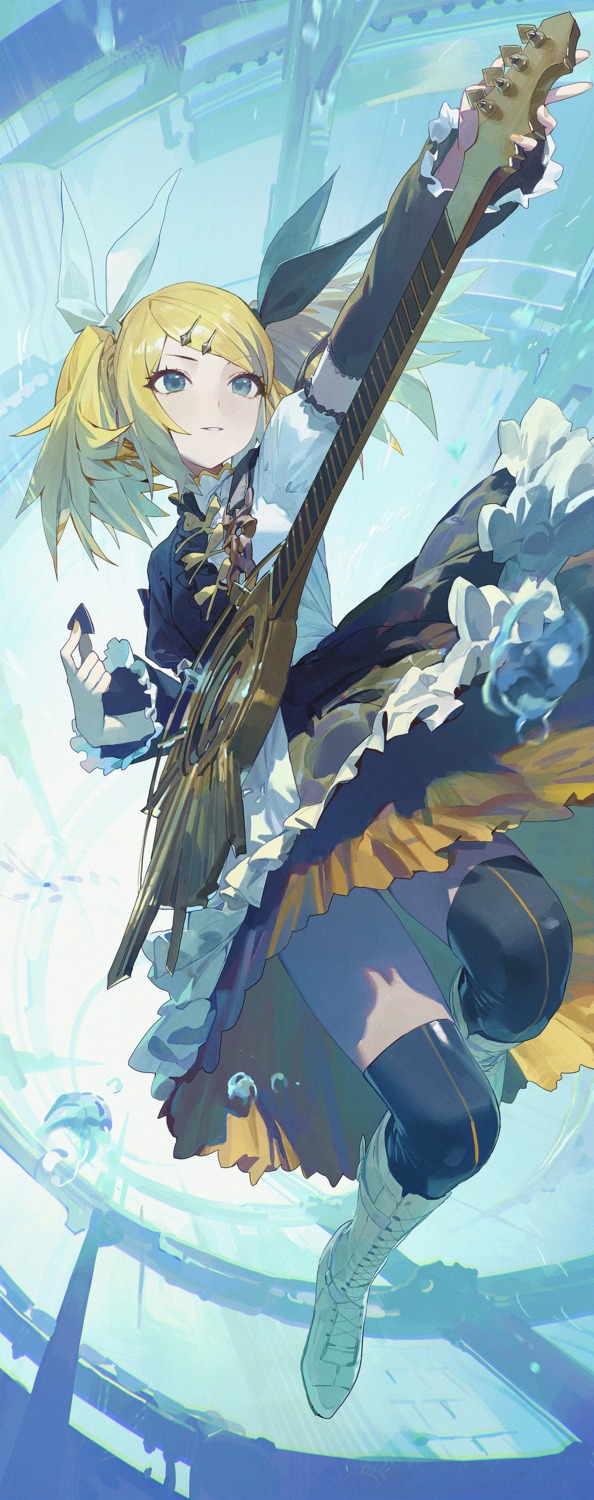 dress, guitar, kagamine_rin, kagamine_rin_(roshin_yuukai/hard_rkmix), modare, roshin_yuukai_(vocaloid), thighhighs, vocaloid