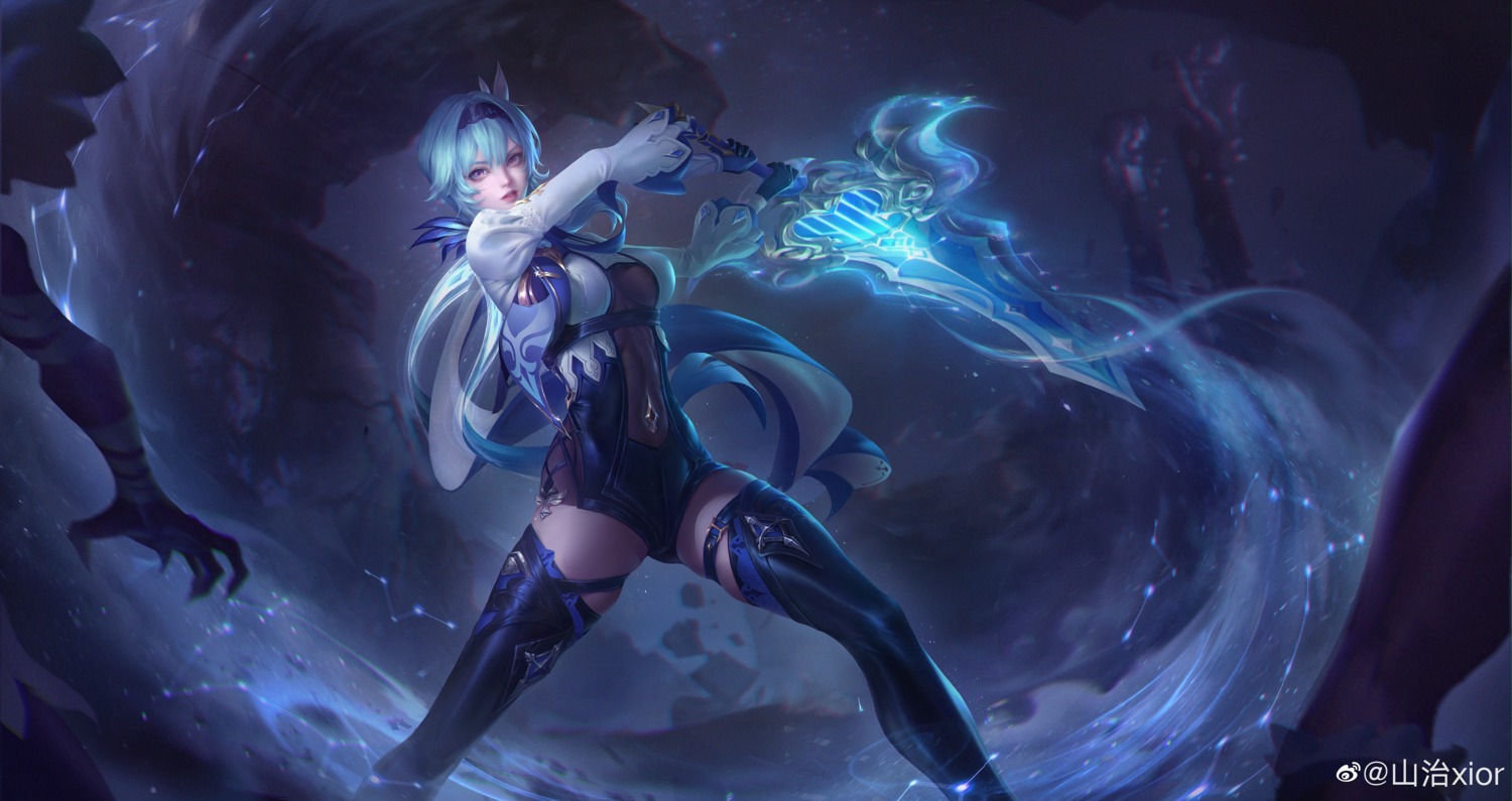 eula, garter, genshin_impact, sword, thighhighs, watermark, xior