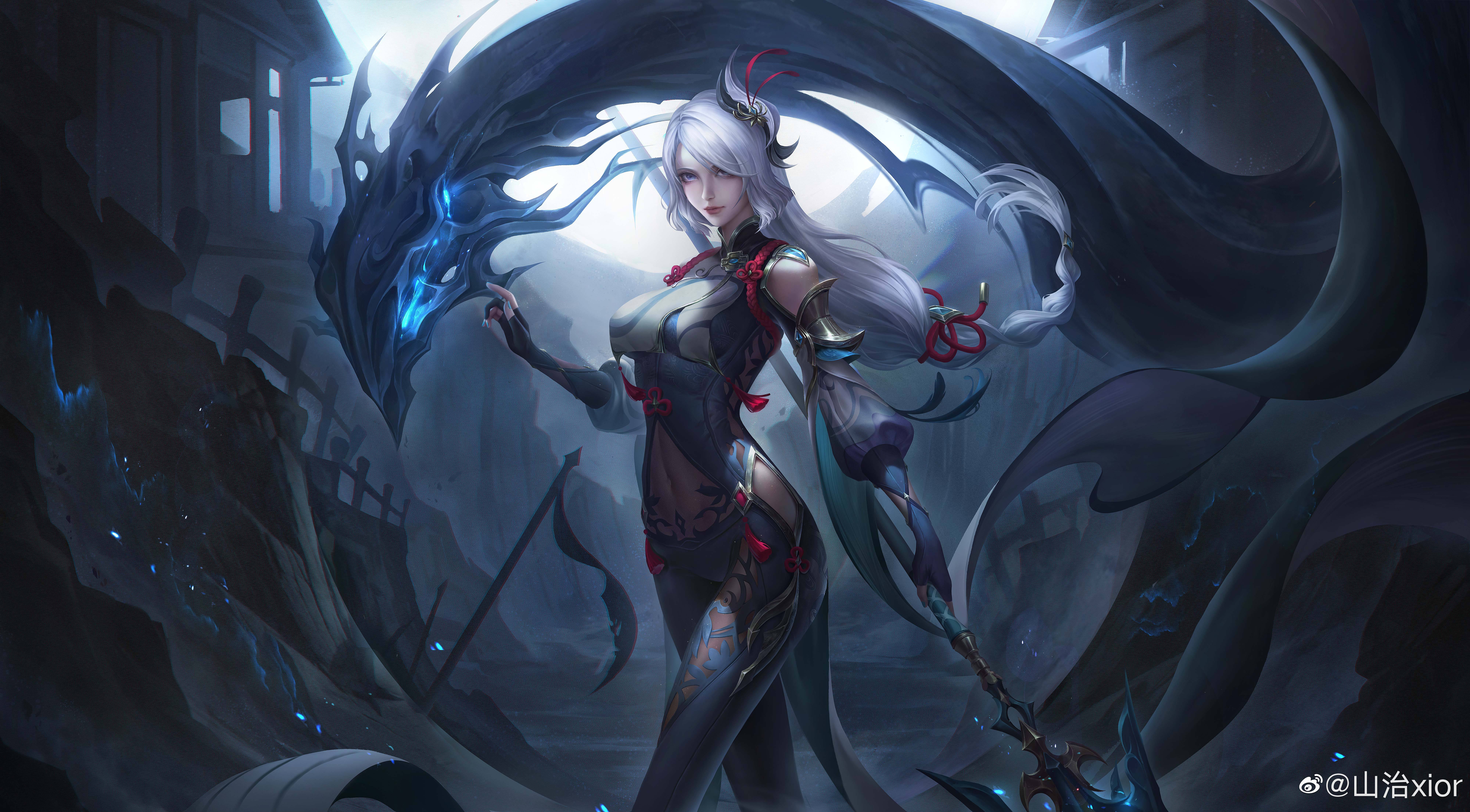 asian_clothes, bodysuit, genshin_impact, shenhe, watermark, weapon, xior