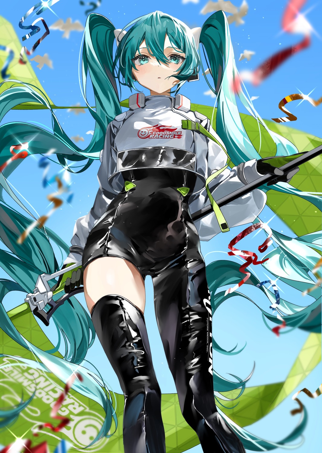 bodysuit, goodsmile_racing, hatsune_miku, headphones, mikanoisi, racing_miku, thighhighs, vocaloid