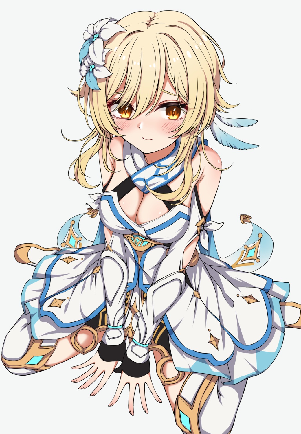 cleavage, dress, genshin_impact, karashi_(asarikarasi), lumine, thighhighs
