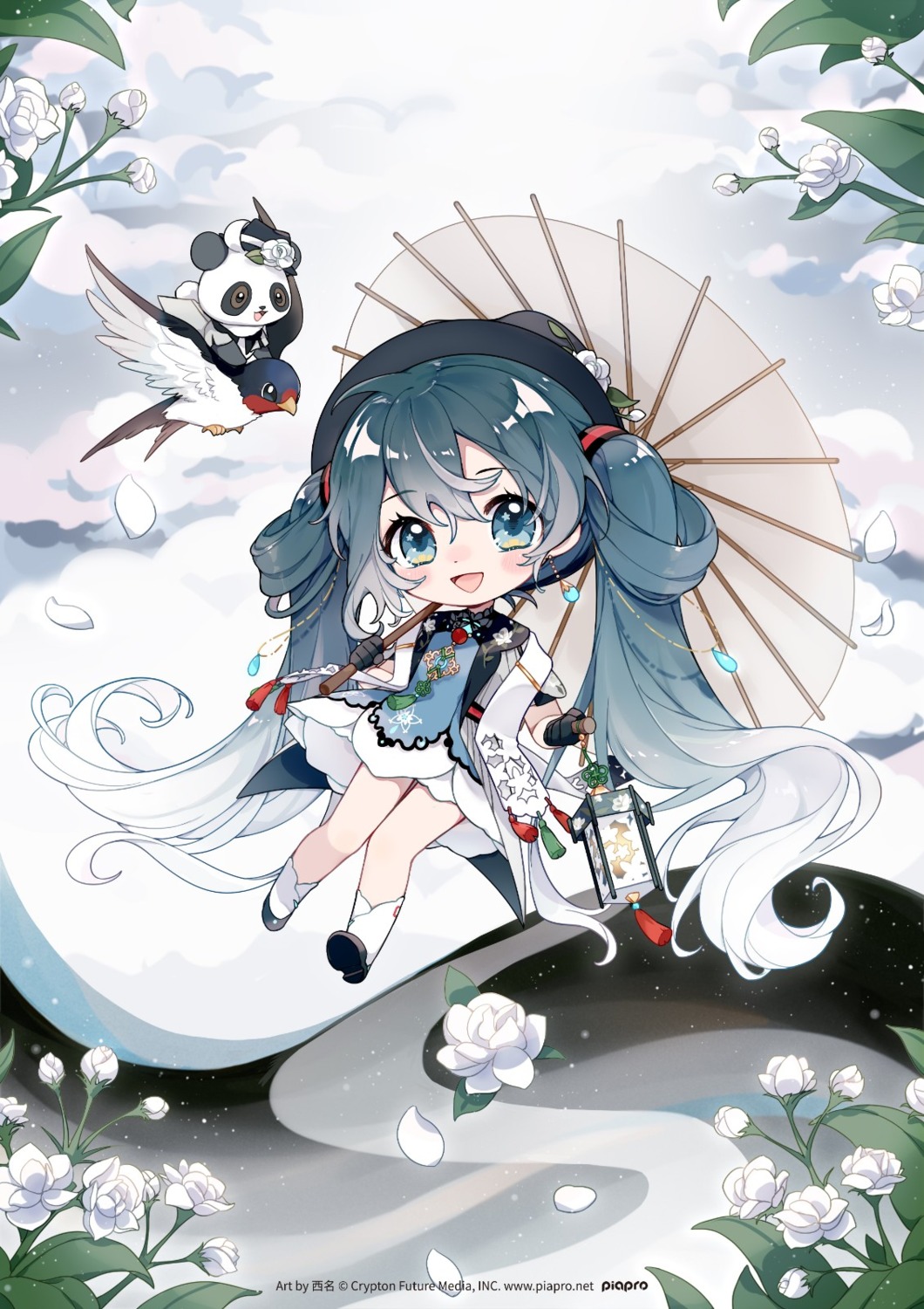 asian_clothes, chibi, hatsune_miku, hatsune_miku_with_you, nishina_hima, umbrella, vocaloid