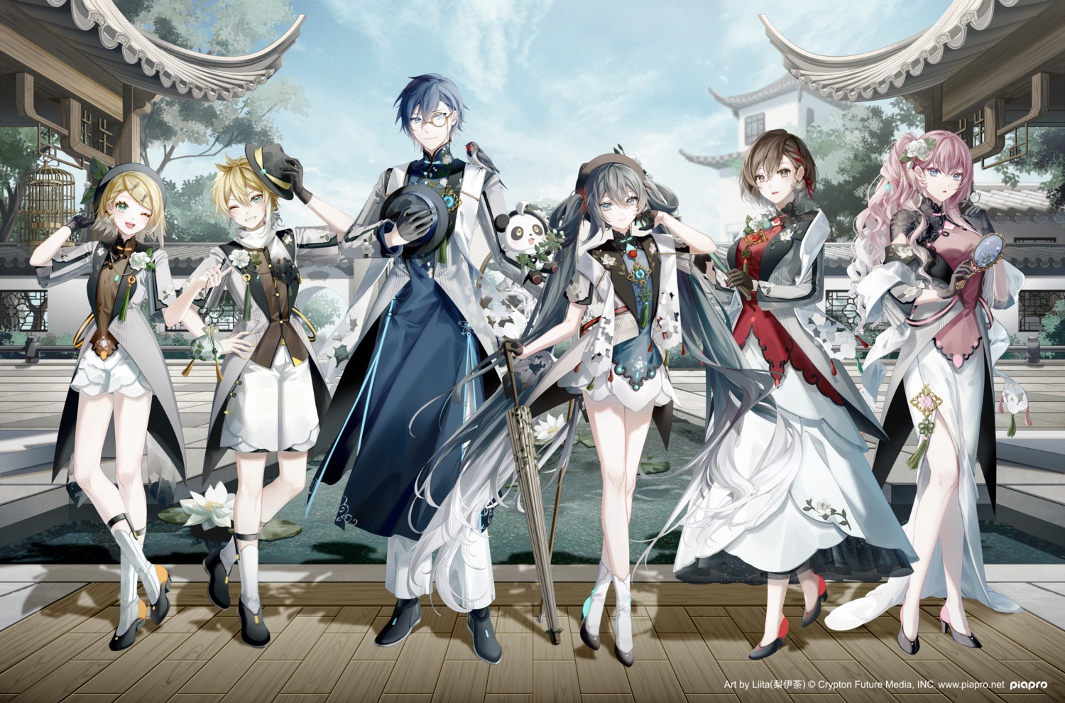 asian_clothes, hatsune_miku, hatsune_miku_with_you, heels, kagamine_len, kagamine_rin, kaito, liita_(dusk_snow)