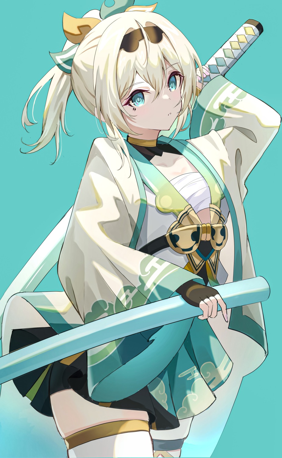 bike_shorts, hololive, japanese_clothes, kazama_iroha, open_shirt, pension_z, sarashi, skirt_lift