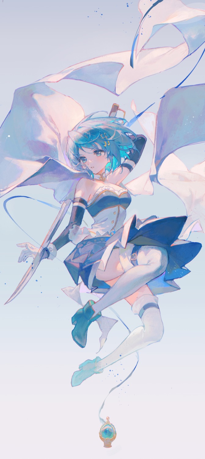 garter, heels, mahou_shoujo_madoka_magica, matcha, miki_sayaka, skirt_lift, sword, thighhighs