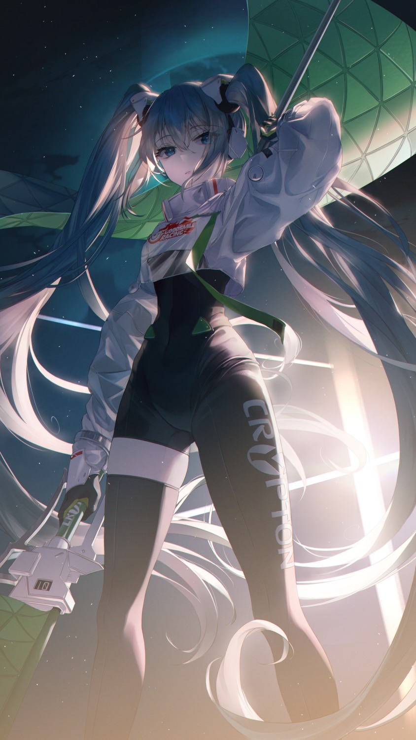bodysuit, goodsmile_racing, hatsune_miku, headphones, racing_miku, tellmedor, thighhighs, vocaloid
