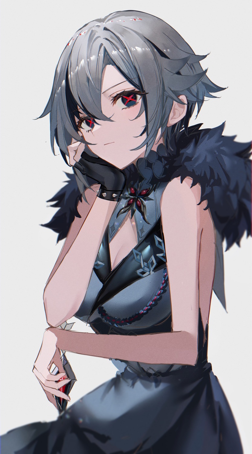 arlecchino, cleavage, dress, genshin_impact, raiya_atelier