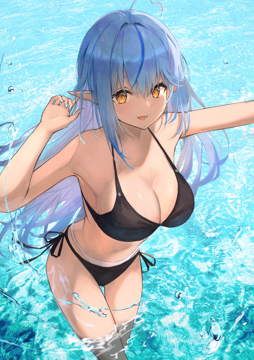bikini, elf, hololive, pointy_ears, swimsuits, wet, xyunx, yukihana_lamy