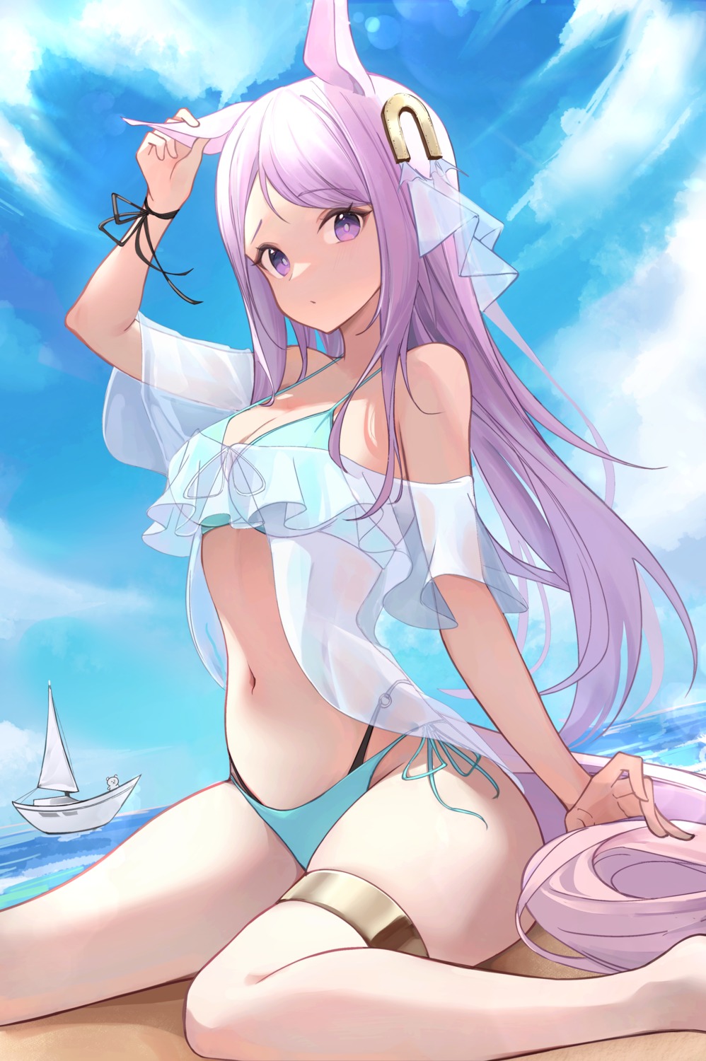 animal_ears, bikini, cleavage, garter, mejiro_mcqueen_(umamusume), open_shirt, see_through, swimsuits, tail, toki_(pixiv_53312989), uma_musume_pretty_derby