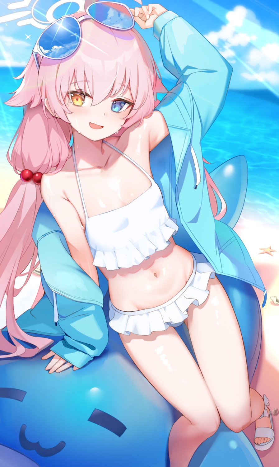bikini, blue_archive, halo, heterochromia, megane, open_shirt, shimanun, swimsuits, takanashi_hoshino