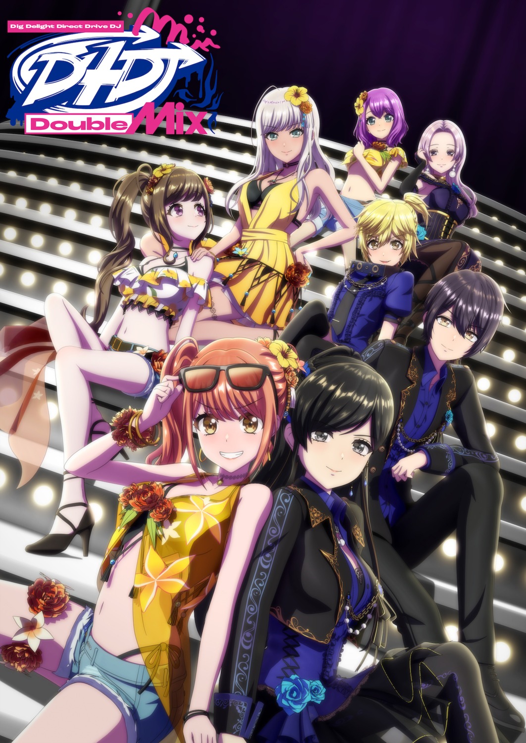 aoyagi_tsubaki, bra, d4dj, garter, heels, hidaka_saori, matsuyama_dalia, megane