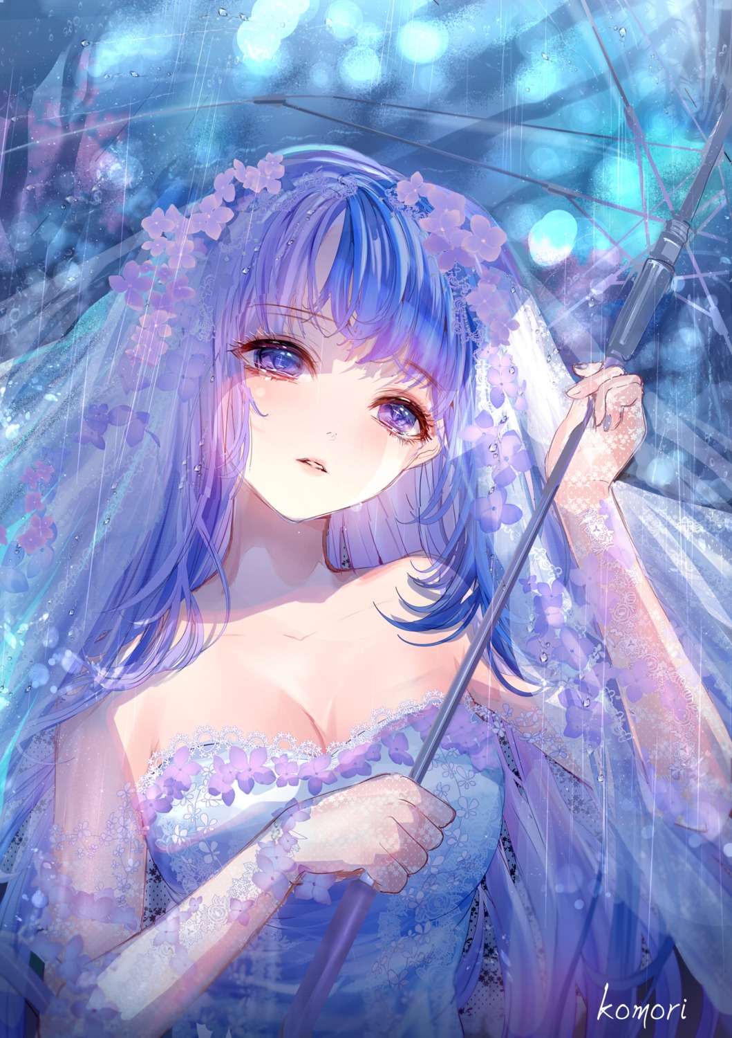 dress, komorihikki, no_bra, umbrella, wedding_dress, wet
