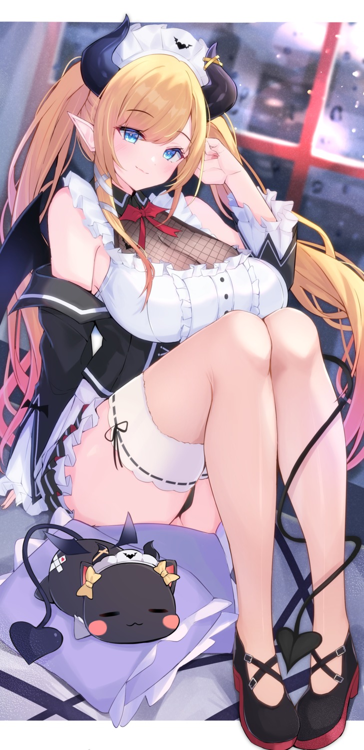 cleavage, fishnets, garter, haidollo, hololive, horns, maid, no_bra, pointy_ears, skirt_lift, tail, thong, wings, yuzuki_choco