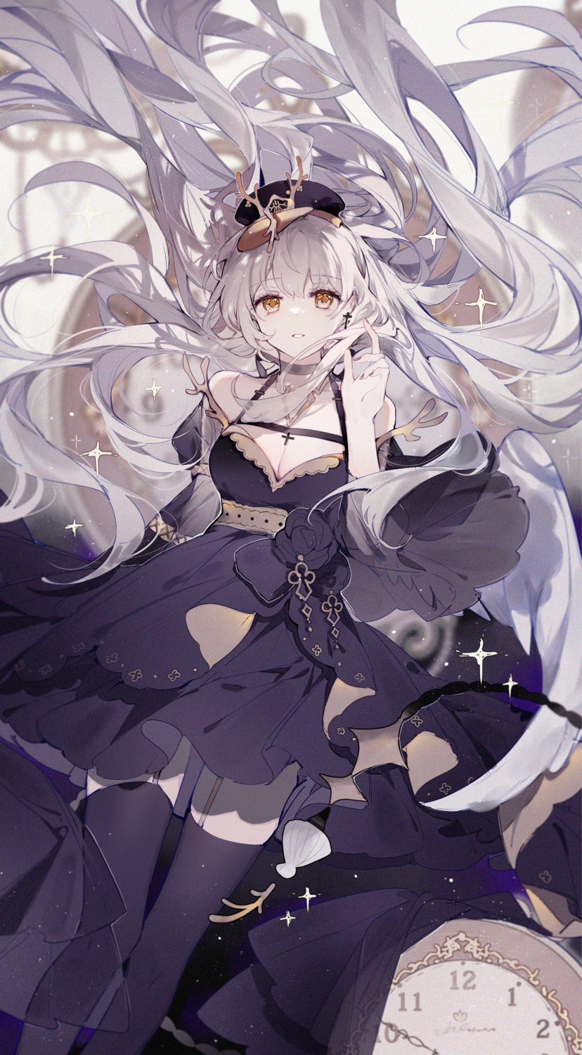 cleavage, dress, horns, indie_virtual_youtuber, no_bra, qianqianjie, skirt_lift, stockings
