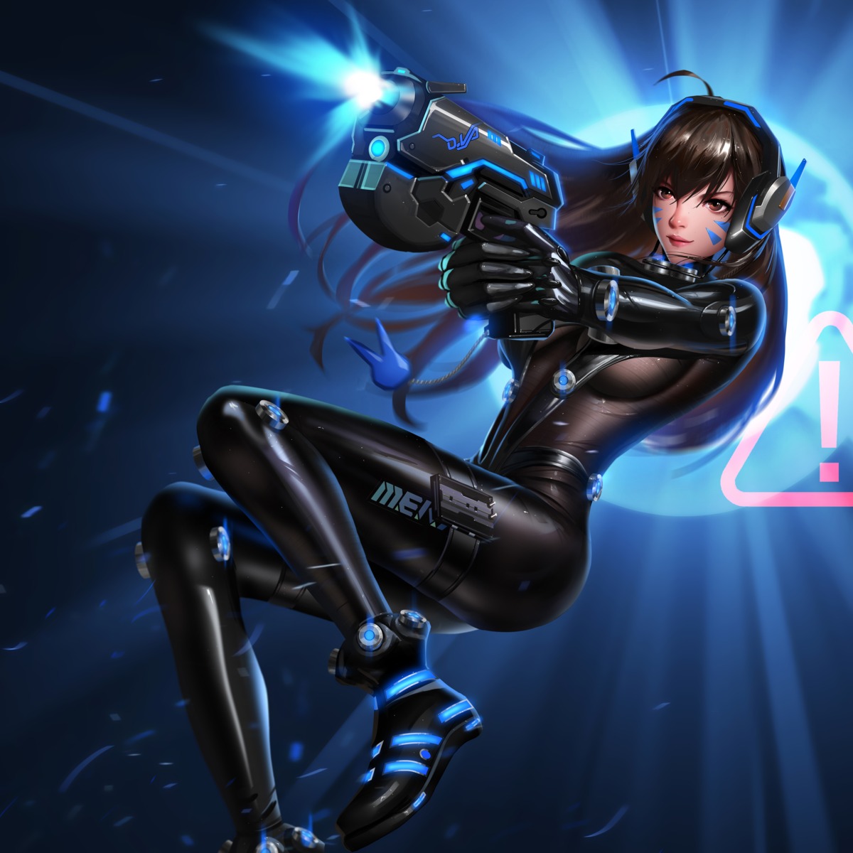 bodysuit, cosplay, d.va, gantz, garter, gun, headphones, liang_xing