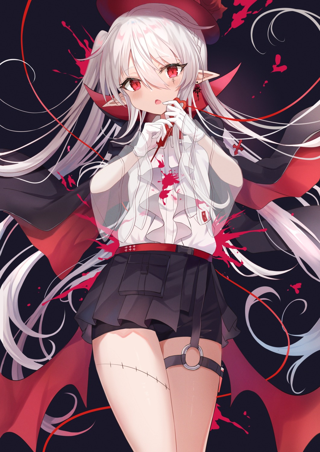 arknights, blood, garter, pointy_ears, retsuto, see_through, warfarin_(arknights)