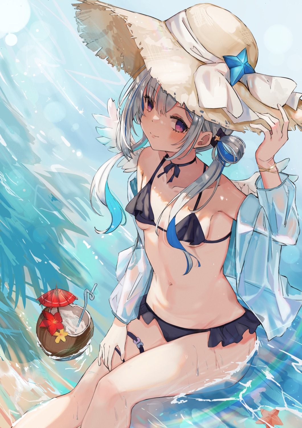 amane_kanata, bikini, garter, hololive, miakiuehashi, open_shirt, see_through, swimsuits