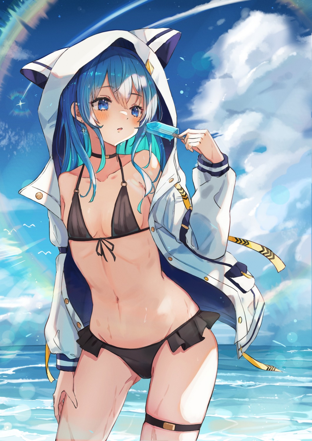 animal_ears, bikini, garter, hololive, hoshimachi_suisei, miakiuehashi, open_shirt, swimsuits