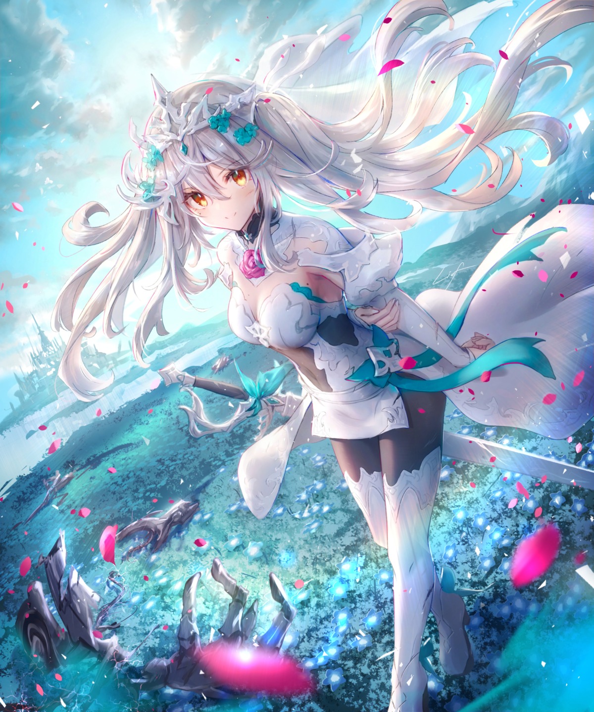 cleavage, dress, heels, liebe, pantyhose, sword, thighhighs