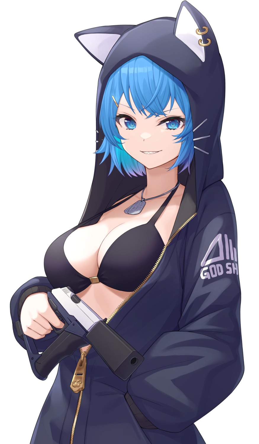 animal_ears, animare, artist_revision, bikini_top, gun, nanashi_inc., nekomimi, nishino_eri