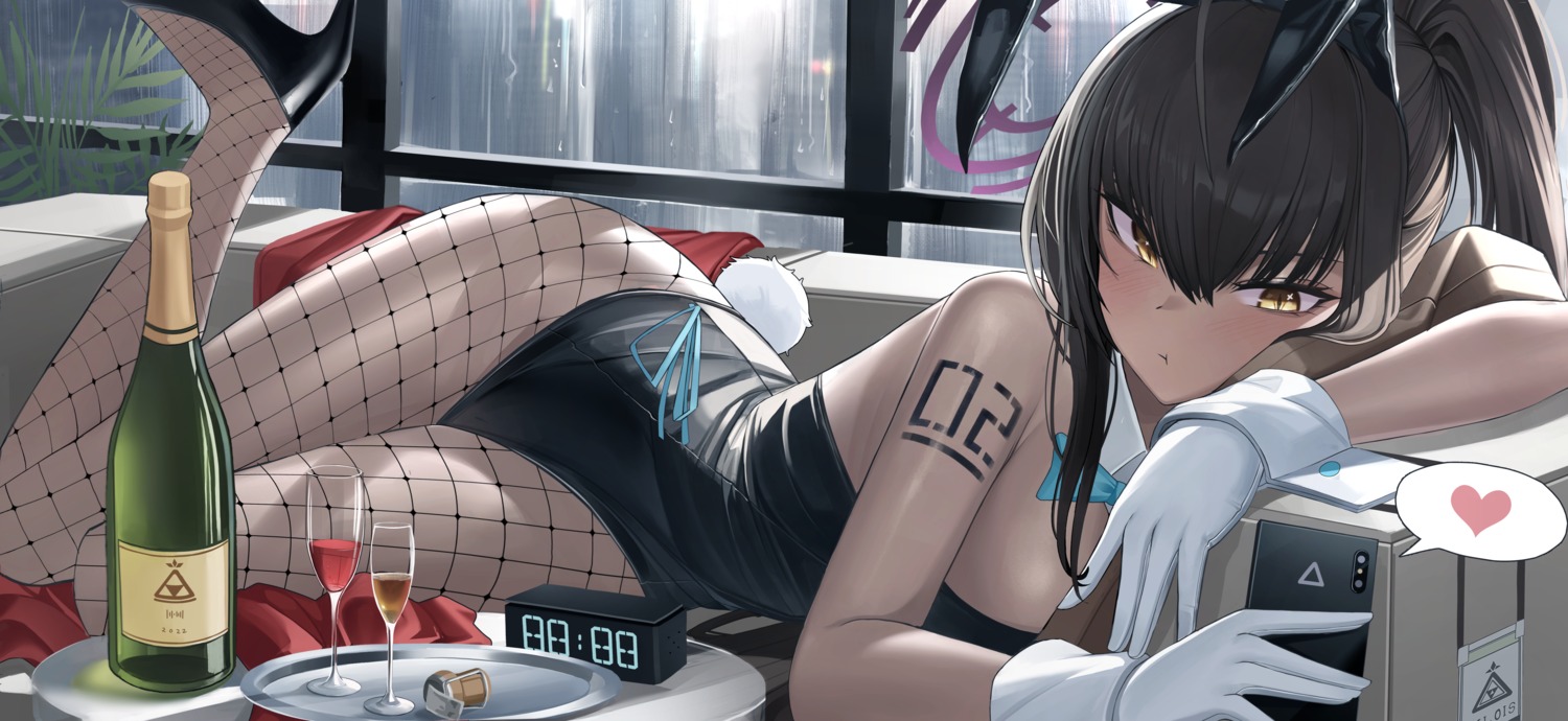 animal_ears, blue_archive, bunny_ears, bunny_girl, fishnets, halo, heels, kakudate_karin, pang-yo, pantyhose, tail, tattoo