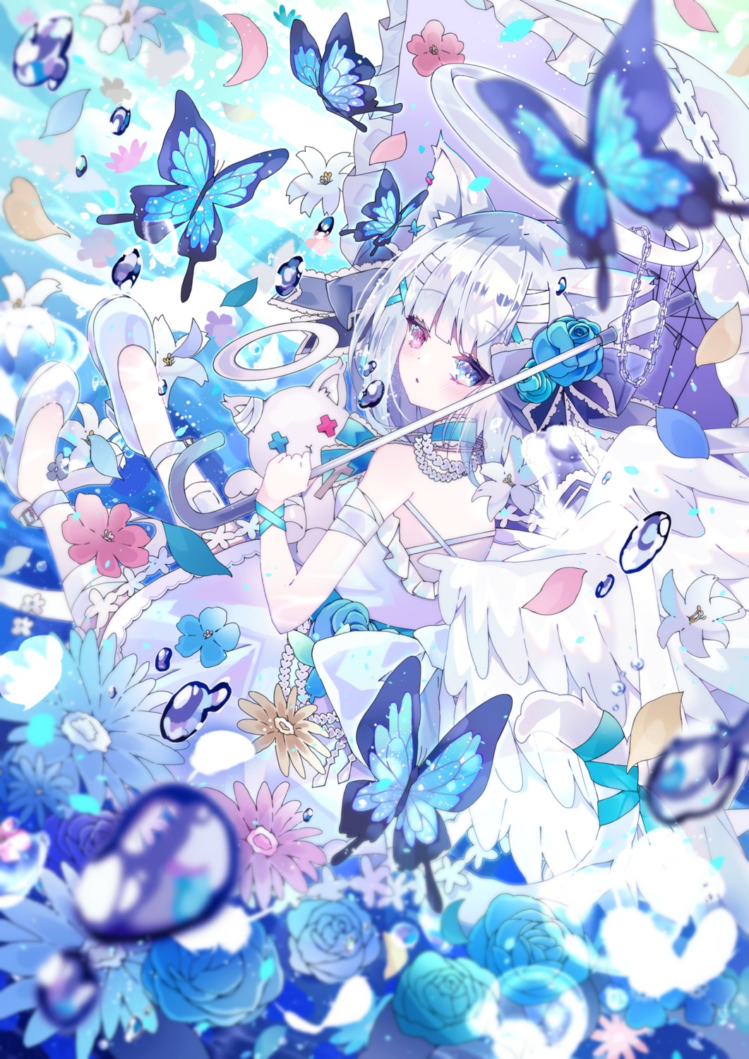 angel, animal_ears, bandages, heels, heterochromia, neko, nekomimi, no_bra