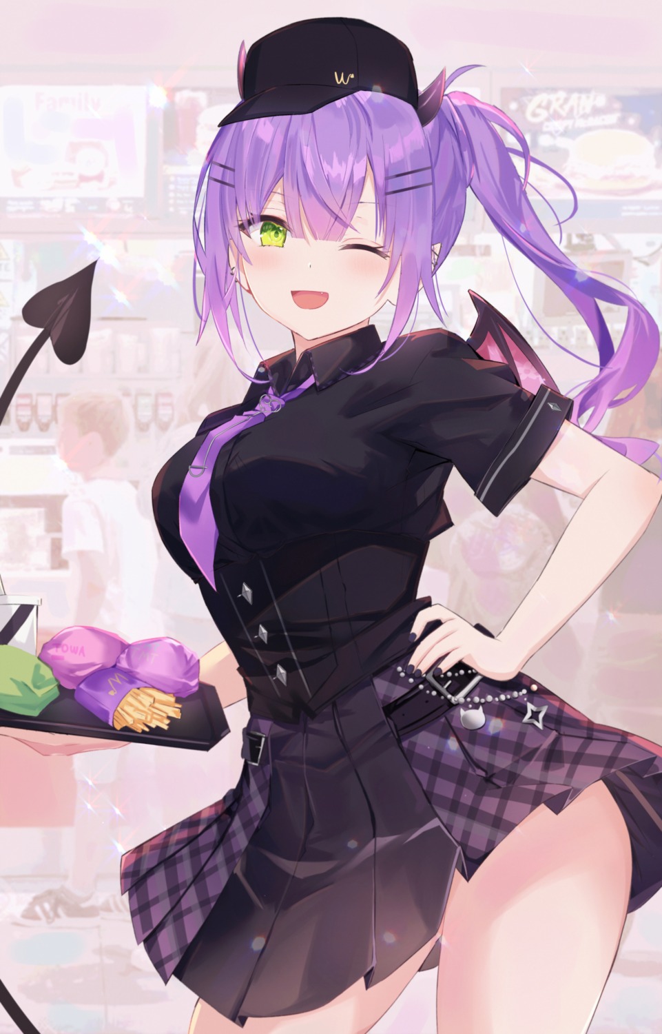 dedeko, hololive, horns, skirt_lift, tail, tokoyami_towa, waitress, wings