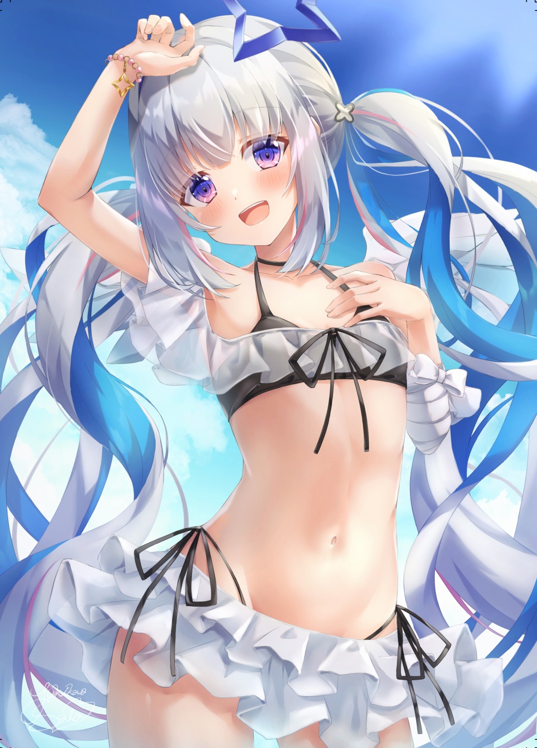 amane_kanata, angel, bandages, bikini, hololive, see_through, skirt_lift, swimsuits