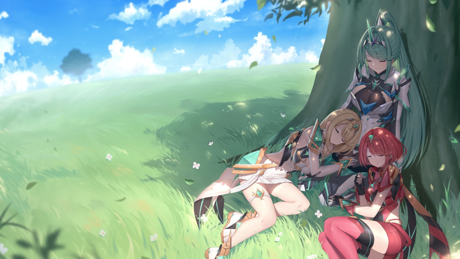 bodysuit, cleavage, garter, hikari_(xenoblade_2), homura_(xenoblade_2), landscape, pneuma_(xenoblade_2), roi_(liu_tian), thighhighs, xenoblade_(series), xenoblade_2
