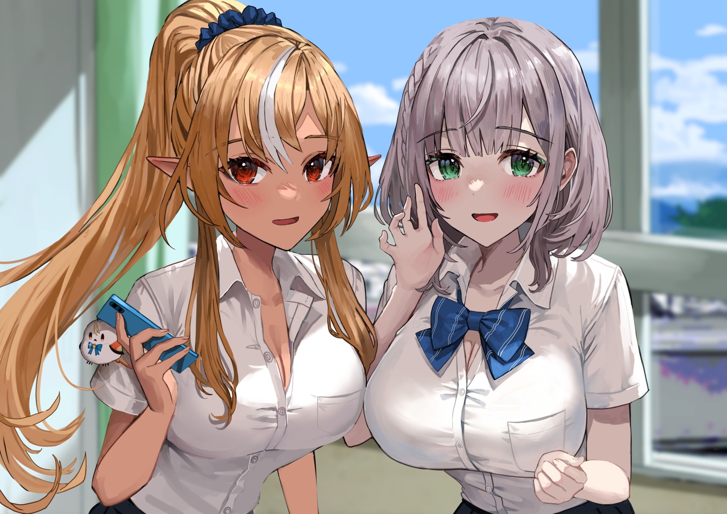 cleavage, elf, hololive, open_shirt, pointy_ears, rum_raisin_(chihiromakita19), seifuku, shiranui_flare