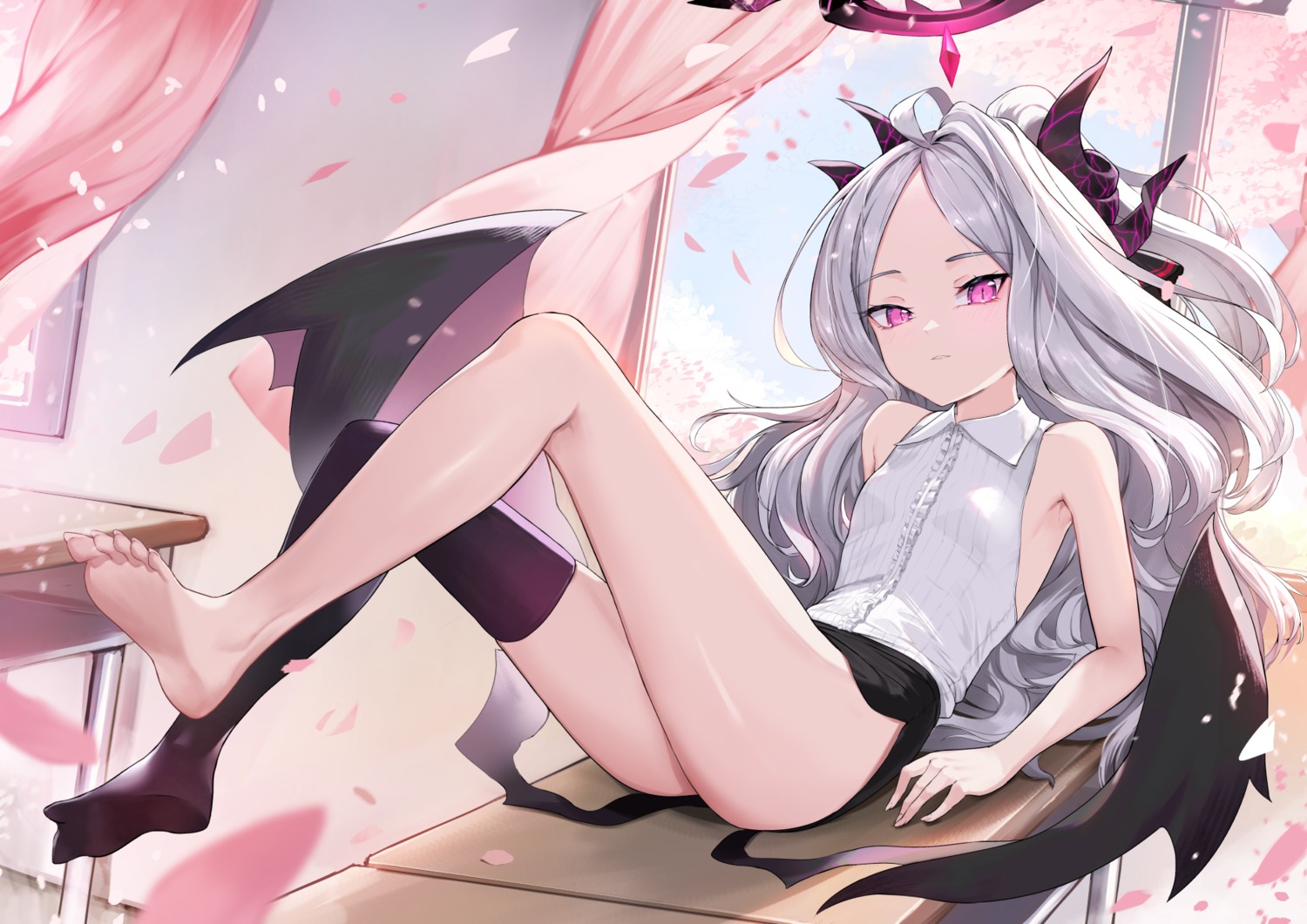 blue_archive, devil, feet, halo, horns, nopan, rui_rubellent, skirt_lift, sorasaki_hina, thighhighs, wings